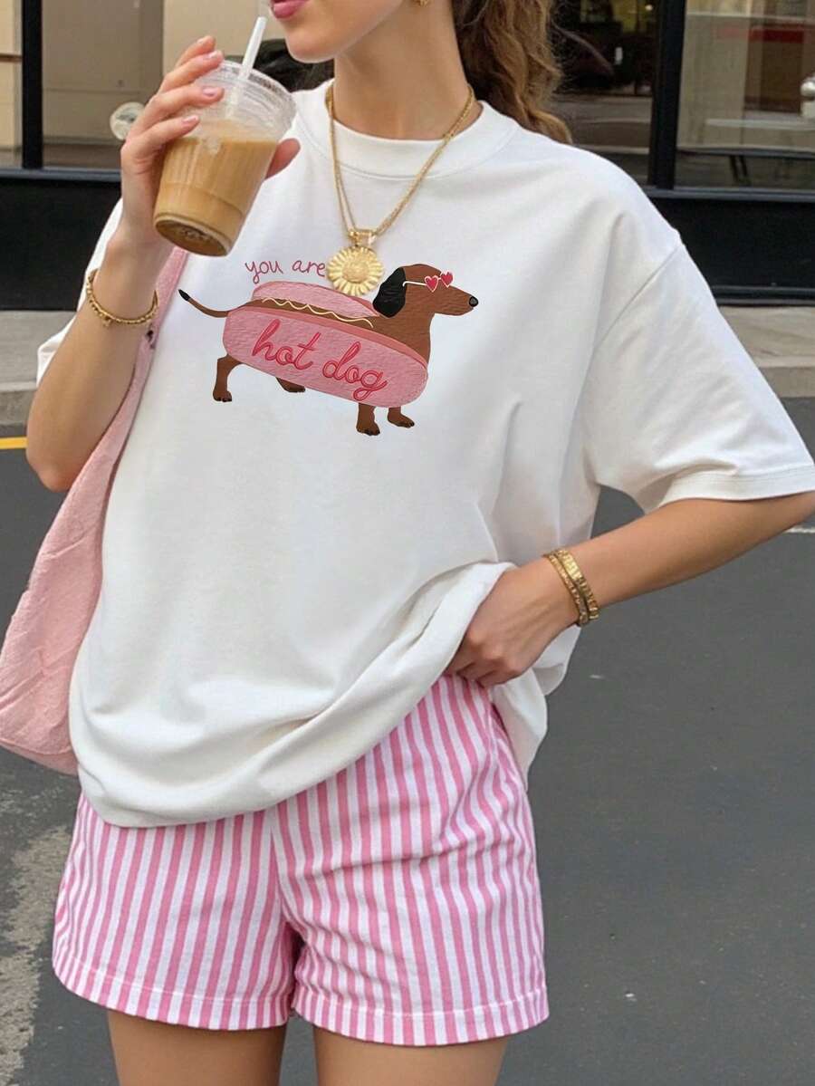 趣味狗狗印花宽松女式短袖夏季连衣裙，适合春节、马年、新年、情人节、情人节礼物、送她的礼物、返校服装、校园穿搭灵感、返校必备单品、开学第一天穿搭、2026年返校穿搭