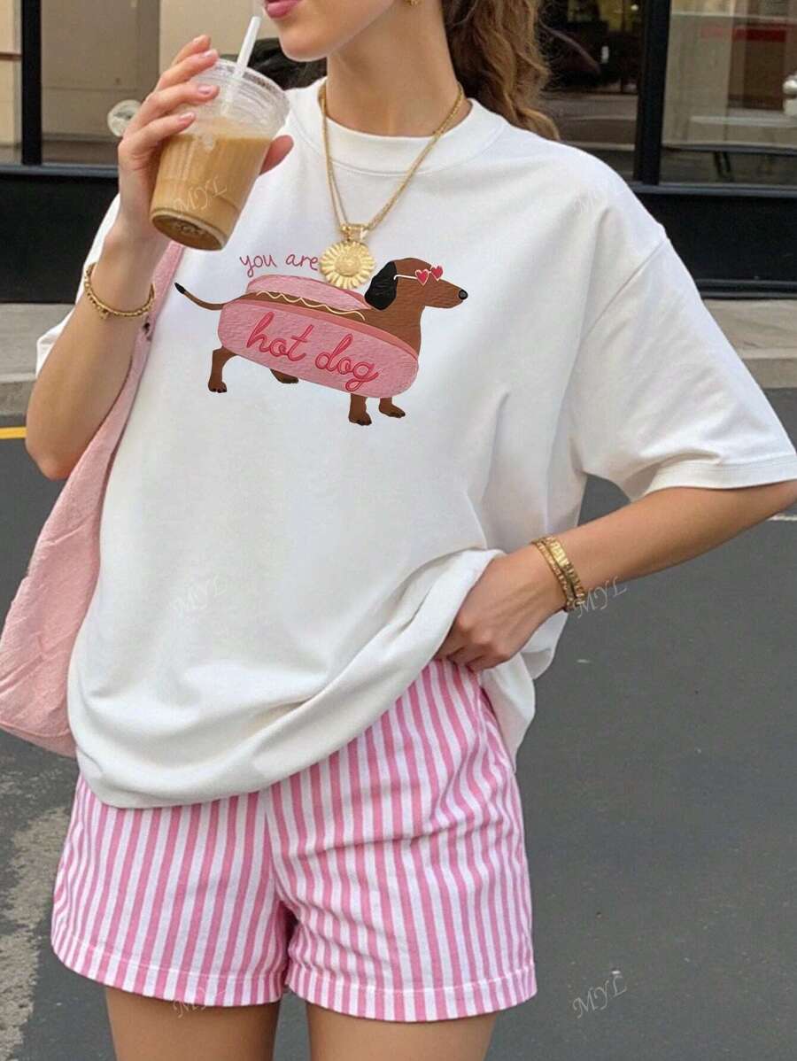 有趣的狗图案印花超大女士短袖夏季