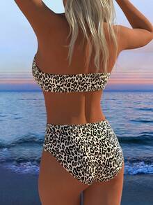 New European & American Sexy High Waist Leopard Print Bandeau Bikini 2 Pieces Swimsuit Set