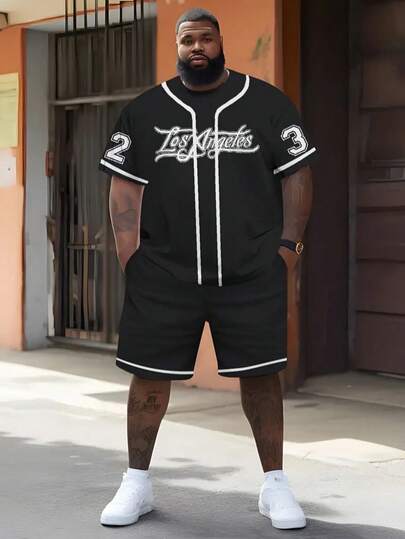 2pcs/Set Men's Plus Size Black Geometric Letter Print Drawstring Waist Casual Sports Shorts & Short Sleeve T-Shirt Set, 100% Polyester