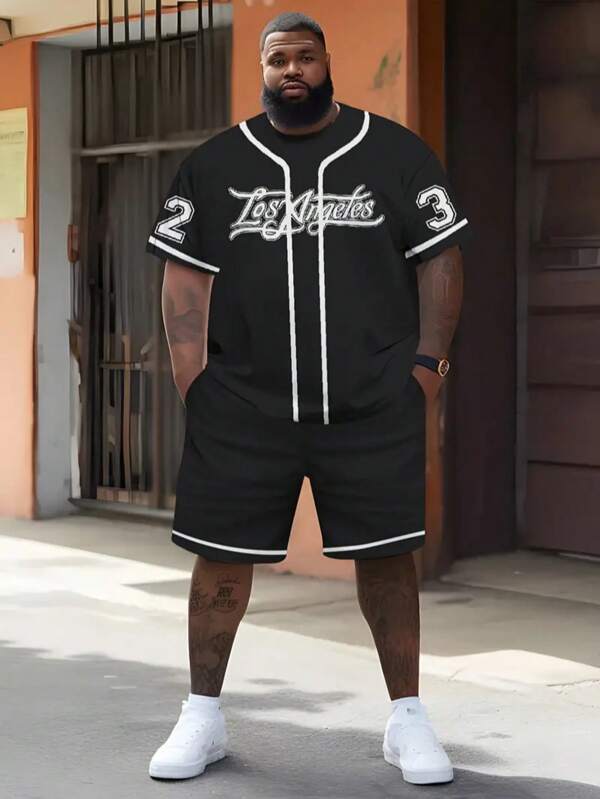 Black Geometric Print Letter Plus Size Men 2 Pieces Set - Drawstring Shorts And Short Sleeve, Casual Sports Outfit