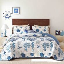 3 Pcs Coastal Bed Quilt Set Queen/King Size - Dark Blue Summer Nautical Beach Theme Quilted Blanket Thin Reversible Microfiber Bedding Lightweight Soft Bedspread Coverlet Sets For All Season, Room Decor (1 Quilt, 2 Pillow Shams)