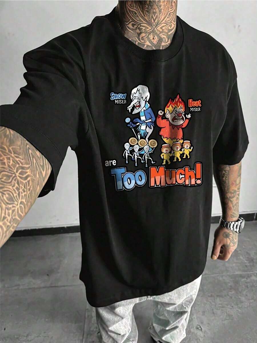 Men's Casual Cotton TShirt, Funny Heat Miser & Snow Miser Christmas Design, Perfect For Holidays & Parties, Ideal Gift For Fans, 100% 220gsm Heavy CottonRetro Street Fun Summer Fashion T-Shirt Summer Travel Simple Cartoon T-Shirt - 黑色 - 查看 1