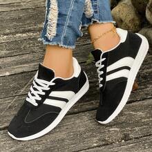 Women'S Lightweight Fashion Sneakers- Comfortable, Non-Slip, Lace-Up Casual Sneakers With Cushioned Insoles, White And Blue Striped Design, Low-Cut EVA Sole, Suitable For All-Day Wear, Casual Sneakers| Low-Top Sneakers| Lace-Up Closure - 黑色 - 查看 4
