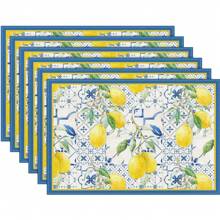 1/2/4/6 Luxury Placemats Lemon Blue Linen Placemats, 30 * 45cm Seasonal Daily Tablecloth Table Mats, Coasters, Suitable For Holiday Party Decoration, Coffee Table And Home Decoration, Kitchen Table And Room Decoration Accessories, Dining Table Decoration, Restaurant Company Gatherings