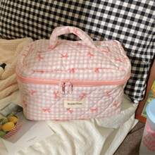 1pc SML Korean Style Plaid Bow Makeup Bag, Large Capacity Portable Travel Toiletry Organizer