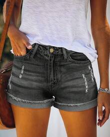 CHICZONE Womens Mid-High Rise Ripped Jean Shorts Distressed Stretchy Shorts - #5 灰色 - 查看 2
