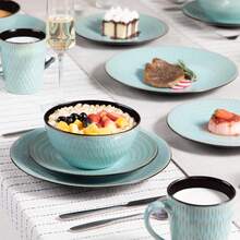 vancasso 16 Piece Relief Green Ceramic Tableware Set Including Plates, Desserts, Bowls, Mugs, 4-Piece Set Serving 4 People