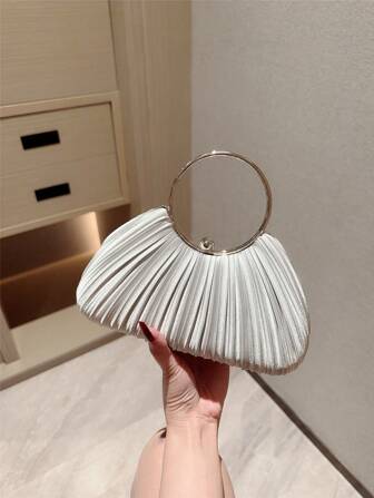 1pc Women's Elegant Pleated Box-Shaped Evening Bag, Luxury Shiny Bracelet Handle Handbag, Charming & Delicate Formal Clutch, Suitable For Parties, Dates, Balls, Birthdays, And Other Evening Events, Clutch Bag For Wedding