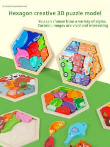 1 Set hölzerne kreative 3D Cartoon Panel Puzzle Geburtstagsgeschenk gestapelter hoher Bauklötze Frühkindliche Bildung Sechseckpuzzle Spielzeug Tier Transport Obst Muster Eltern-Kind interaktives Denkspiel, fördert Farberkennungsfähigkeit und Hand-Augen-Koordination
