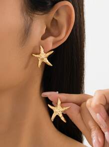 1 Pair Minimalist Metal Smooth Five-Pointed Star & Starfish Stud Earrings For Women, Summer Beach Holiday, Gift For Friend