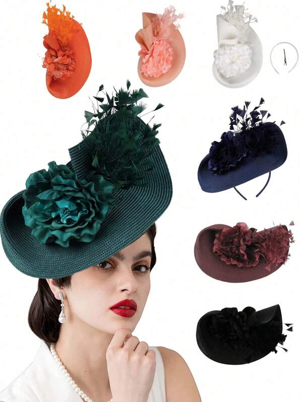 1pc Women Fascinator Feather Flower Hair Clip Headband Straw Hat Bridal Headband Derby Hat Cocktail Tea Party Prom Hair Accessories Mini Hats Tiny Hats Mini Top Hat Mini Cap, School Stuff, Gifts, Wedding