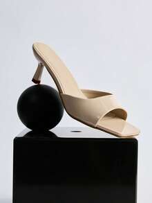 女士亮面漆皮高跟凉鞋，新款夏季时尚方头绑带拖鞋，适合派对、休闲、海滩等场合，亮面米色鞋跟，橡胶防滑鞋底，圣诞节冬季圣诞礼物 - 杏色 - 查看 2