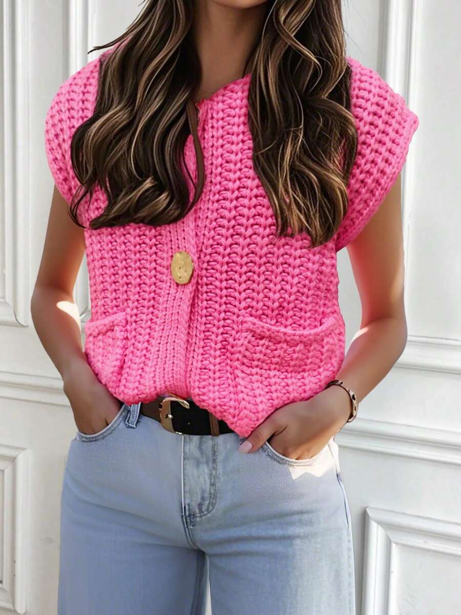 Women's Fashion Sleeveless Short Solid Button Knit Cardigan With Pockets