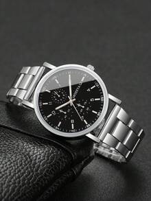 2pcs Classic & Fashion Men's Casual Steel Strap 3-Eye Numeric Scale Dial Quartz Wrist Watch Set, Business Style (Watch Box Not Included) - Silver - View 5