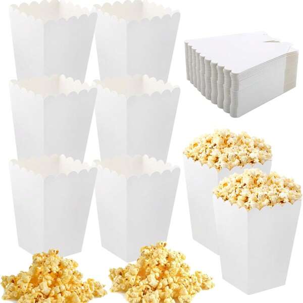 50/40/36/30/20/15/10/5pcs White Paper Popcorn Boxes, Popcorn Containers, Popcorn Paper Boxes, Fries Boxes, Suitable For Party Decorations, Snack Boxes At Home, Lunch Box, Bakery, Burger Restaurant, Suitable For Party, Picnic, Movie Party, Birthday