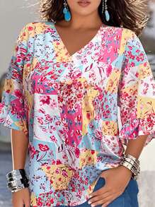 Plus Size Women Ditsy Floral V-Neck Short Sleeve Casual Ruffle Hem Blouse Top