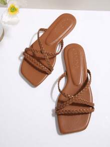 Women's Summer New Flat Sandals, Fashion Woven Square Toe Slip-On Comfortable Ladies Flat Slippers, Simple Versatile Beach Sandals
