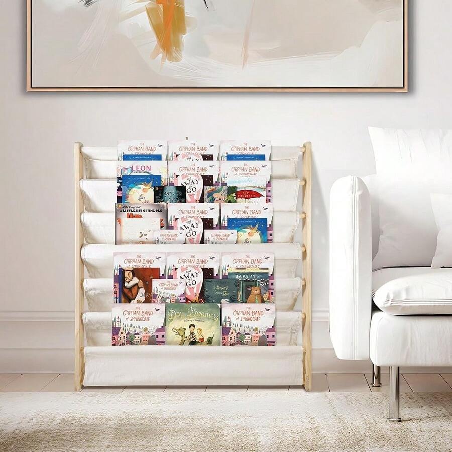 Kids Bookshelf Childrens Bookshelf With Pocket Easy Access 6 Tiers Natural Wood Books Storage Rack Perfect Fun For Kids Bedroom Storage 14X9X83 CM - White - View 1
