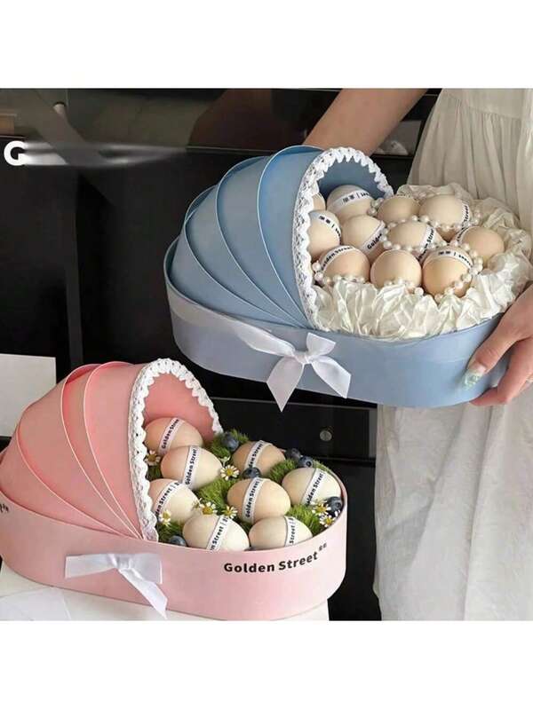 1 Stück elegante Baby Taufe Wiegen Papier Geschenkbox mit Früchtedekoration, Blumenstraußbox, kreative handgehaltene Wiege, Spitzendetails