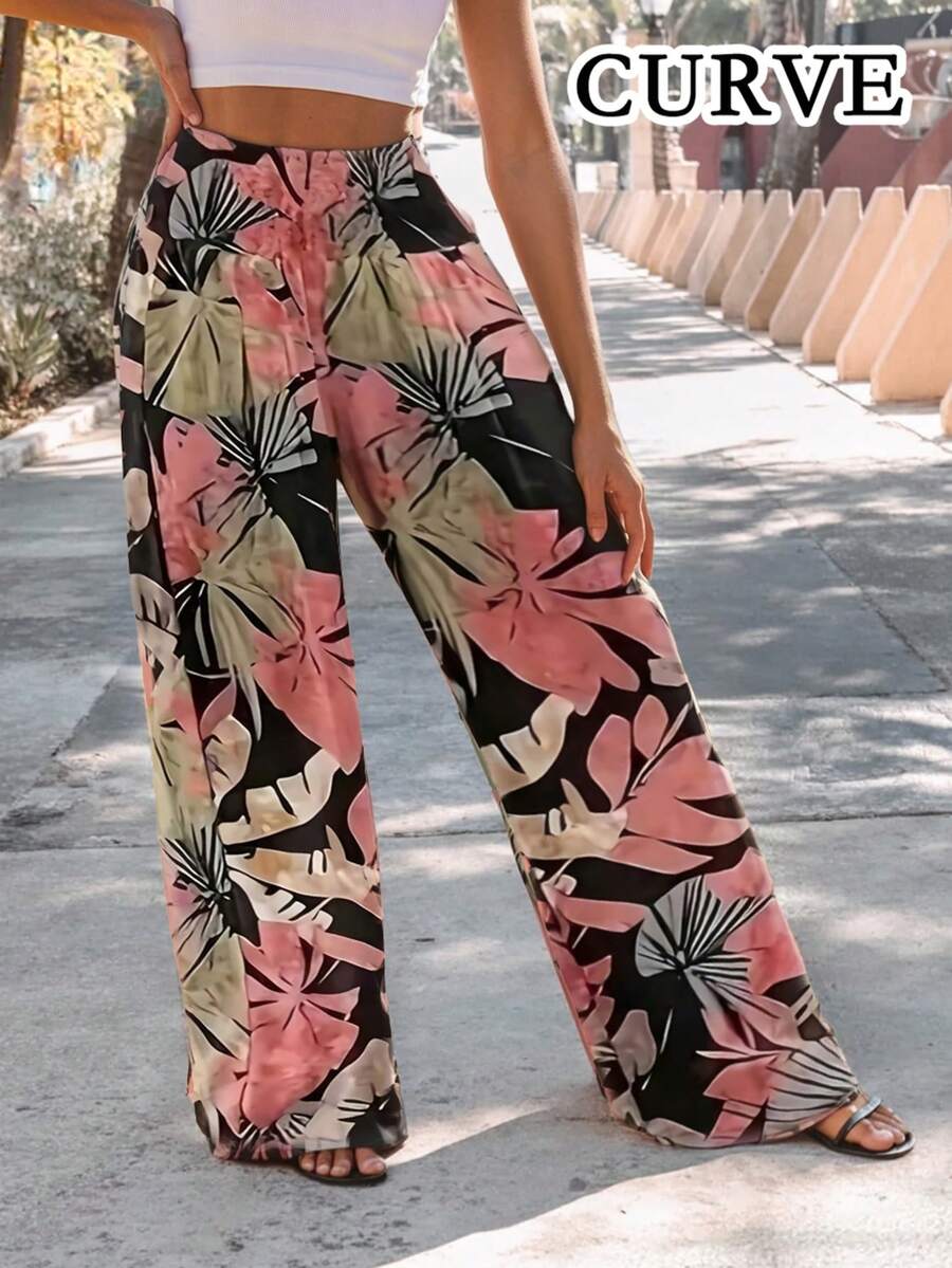 Plus Women's Printed High Waisted Pleated Wide Leg Pants - Multicolor - View 1