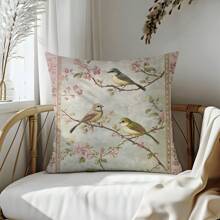 1 buc. Față de pernă decorativă cu model vintage de păsări și crengi florale, material moale din catifea piersică, imprimare pe o singură față, 45 * 45 cm / 50 * 50 cm, potrivită pentru casă, dormitor, sufragerie, canapea, cadou