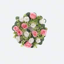 1 pièce Composition florale de centre de table de mariage - Couronne de fleurs artificielles roses avec bougie, couronne de printemps/été pour porte d'entrée, cérémonie - Bougeoir de fleurs artificielles feuilles, couronne florale en soie rose avec support de bougie, petites fleurs en plastique pour décoration de mariage, bouquet de mariée, décoration de centre de table, jardin, cour, mariage, anniversaire, douche, décoration de chambre esthétique, salle de classe, bureau, balcon, centre commercial, Saint-Valentin, cadeau