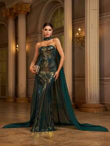 Missord Váy dạ hội đuôi cá sequin cho nữ, váy dạ hội trang trọng dài tay thanh lịch, dành cho khách dự tiệc cưới, tốt nghiệp, tiệc tối - màu xanh lá - Xem 4