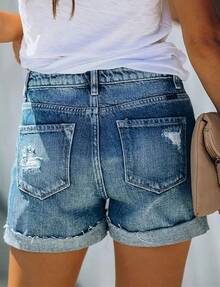 Shorts de mujer CHICZONE con tiro medio-alto, rasgados y elásticos - #2 Azul - Ver 3