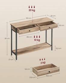 Mesa de Consola, Mesa de Entrada, Mesa de Sofá con 2 Cajones, Marco de Acero, Estable, para Pasillo, Dormitorio, Salón, Estilo Industrial, Marrón Camello y Negro Tinta - Camel - Ver 4