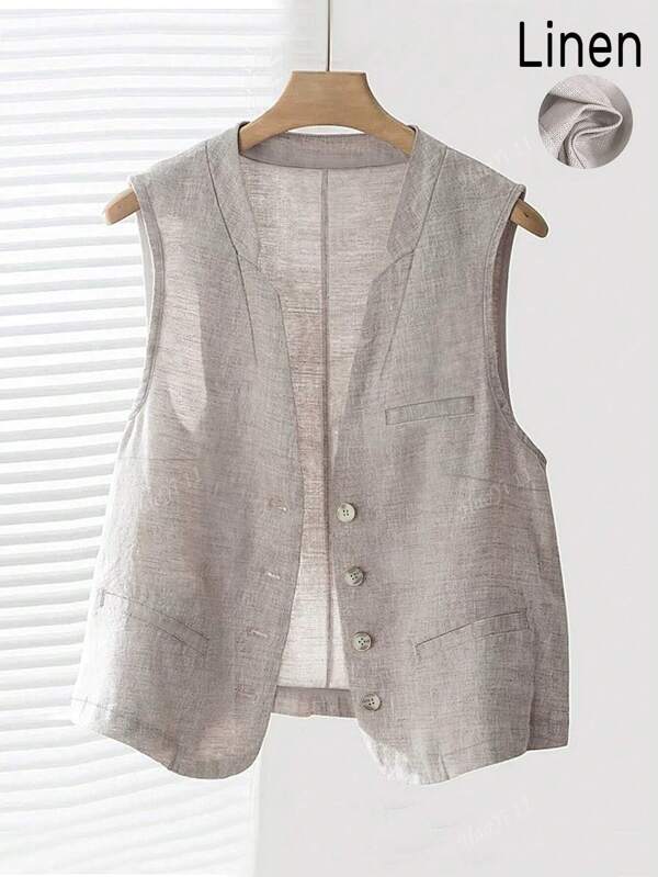 Plus Size Women Linen Casual Blazer Vest Jacket