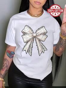 100% Cotton T-shirt | Shipped from Mexico | High-quality breathable fabric | Women's black and white loose short-sleeve printed cotton White Bow Design On Black |Machine Washable|Crew Neck Sporty Casual Top|Comfortable and Trendy Fashion| - Blanco - Ver 1