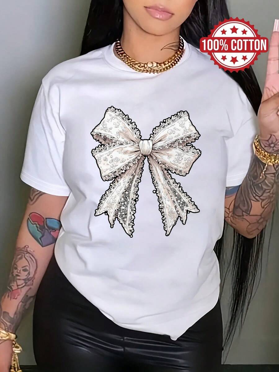 100% Cotton T-shirt | Shipped from Mexico | High-quality breathable fabric | Women's black and white loose short-sleeve printed cotton White Bow Design On Black |Machine Washable|Crew Neck Sporty Casual Top|Comfortable and Trendy Fashion| - Blanco - Ver 1