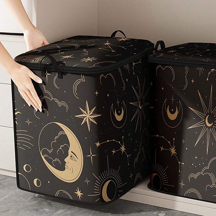 月亮和星星图案大容量衣物收纳袋储物盒，适用于毛毯和床上用品，可折叠，配有坚固的拉链，适合圣诞节、万圣节、感恩节礼物、复活节礼物 - 彩色 - 查看 1