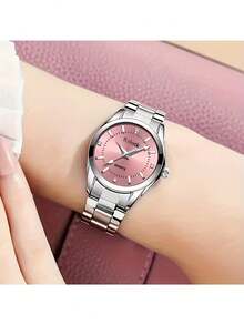 1 pieza de correa de acero inoxidable para señoras con aro circular y esfera simple luminosa, elegante reloj de cuarzo con manecillas, adecuado para decoración diaria y de fiesta. Reloj para mujer, reloj de lujo para señoras - Plateado - Ver 6