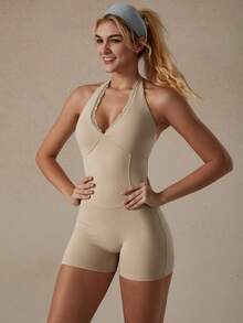 NcmRyu 1 件女士瑜伽健身跑步健身房训练连体衣 - 杏色 - 查看 8