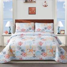 3 Pcs Coastal Bed Quilt Set Queen/King Size - Dark Blue Summer Nautical Beach Theme Quilted Blanket Thin Reversible Microfiber Bedding Lightweight Soft Bedspread Coverlet Sets For All Season, Room Decor (1 Quilt, 2 Pillow Shams)