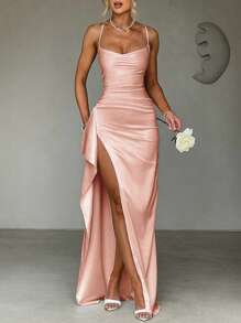 Elisanya Adjustable Strap Ruffle Trim Slit Sexy Evening Dress