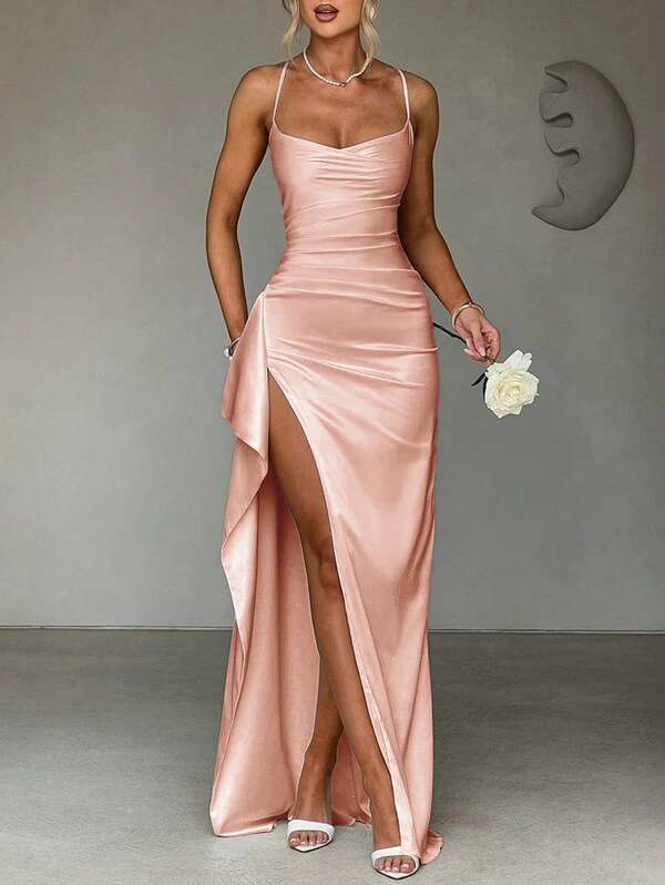 Elisanya Adjustable Strap Ruffle Trim Slit Sexy Evening Dress