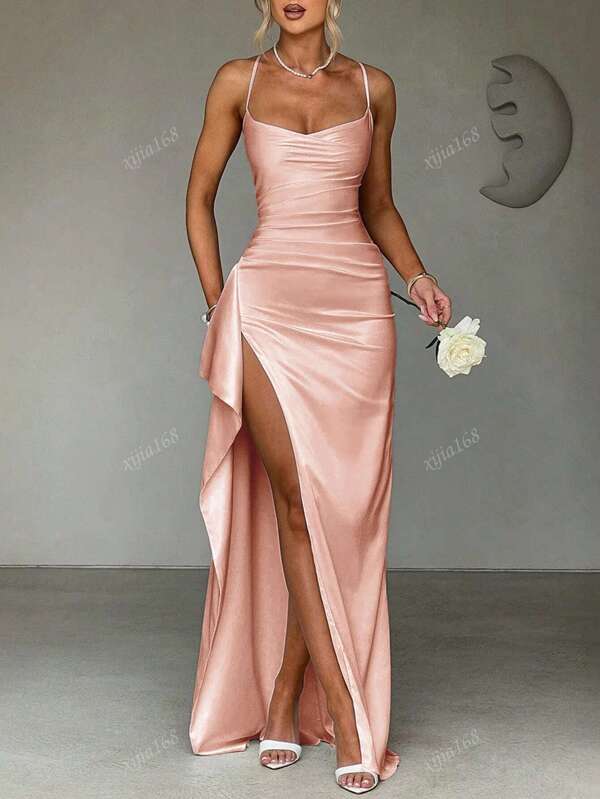 Elegant Sexy Satin Strapless Off Shoulder Ruffle Trim Waist Party Dress, Bridesmaid Dress, Formal Gown