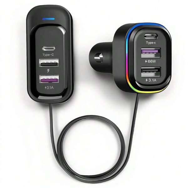 Universal Cell Phone Electronic Car Adapter 6 Charging Ports 3 Extendable For Rear Seats 1.5 Meter Extension Line Car Charger