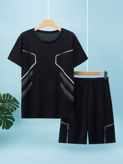 2pcs/Set Teens Boys Sports Wear, Short Sleeve T-Shirt Top & Athletic Running Shorts Set, Lightweight Summer Outfit