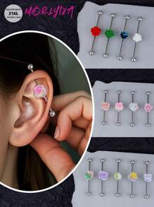 1 pieza Pendiente industrial de flor colorida y dulce con perla falsa, pendiente industrial de acero inoxidable con corazón rosa para mujer y hombre, piercing de cartílago y hélix, barra industrial de 38 mm (1 1/2 pulgadas) con lazo blanco para bodas, san valentín, navidad, fiestas, uso diario y salidas sociales
