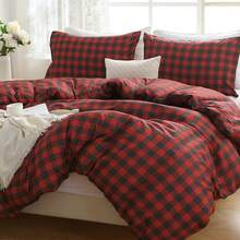 Duvet Cover King Size, Reversible Floral Lavender Duvet Cover Set With Zipper Closure, 3 Pieces Botanical Patterns Soft Microfiber Bedding Set (90"X104", 2 Pillow Cases 20"*36") - 04 - 紅色格子(無被子) - 查看 4