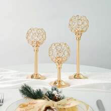 Crystal Metal Tealight Candlestick, Bling Bowl Candelabras, Tall Crystal Votive Candle Holders Elegant Crystal Candle Centerpiece For Dining Table Wedding Decor (Set Of 3, Gold)