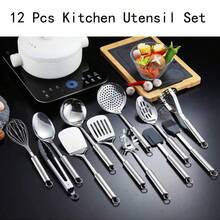 Kochbesteck-Set Küchenhelfer Küchenutensilien 12 Stück Edelstahl Silikon Küchenset (Spiegelpolitur, Rostfrei & Spülmaschinenfest, mit Aufhängeösen, Professionelles Küchengeschirr, Kochzubehör - Silber - Übersicht 6