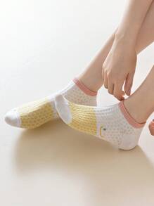 5 Pairs Of Candy Colored Women's Socks, Cute Playful Smiling Face With Embossed Floral Pattern Women's Short Socks Ankle Socks, Casual Sports Daily And Going Out Wear