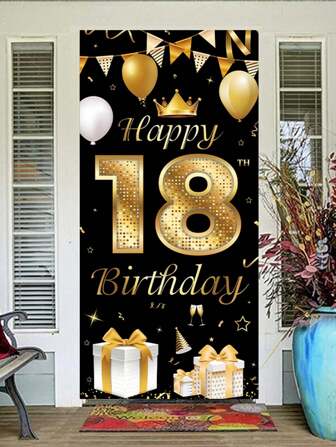 18th Happy Birthday Black And Gold Background Arch, Gold Balloon Gift Background Board, Party Banner Decoration, Birthday Celebration Party Supplies, Photo Booth Decor