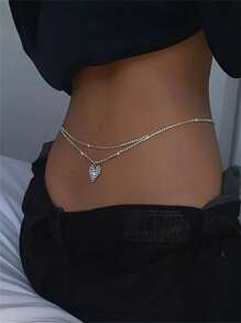 Double Layered Rhinestone Heart-Shaped Waist Chain, European And American Beach Belt Chain, Fashionable And Versatile Metal Body Chain, Waist Accessory Chain