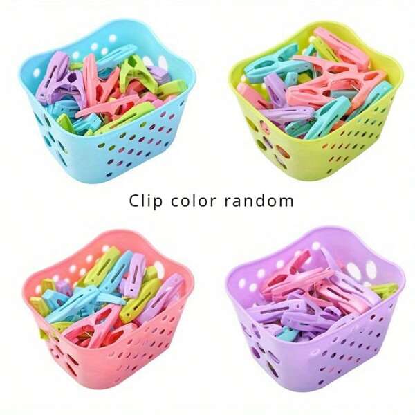 30pcs Assorted Color Windproof Clips With Portable Plastic Storage Basket - Suitable For Socks, Towels, Lingerie, Cards, Clothing Organization And Clips
